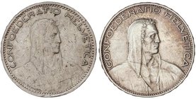 WORLD COINS: SWITZERLAND
Lote 2 monedas 5 Francos. 1923-B y 1926-B. BERNA. 24,88 y 24,91 grs. AR. (1923 Pequeños golpecitos). KM-37 y 38. MBC y EBC.