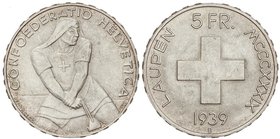 WORLD COINS: SWITZERLAND
5 Francos. 1939-B. BERNA. 14,93 grs. AR. VI Centenario Batalla de Laupen. ESCASA. KM-42. SC-.