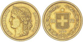 WORLD COINS: SWITZERLAND
20 Francos. 1883. 6,44 grs. AU. (Leve golpecito en gráfila del reverso). Fr-495; KM-31.1. EBC-.