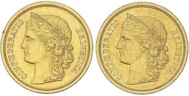 WORLD COINS: SWITZERLAND
Lote 2 monedas 20 Francos. 1883. AU. (Una con golpecito en canto). Fr-495; KM-31.1. MBC+.