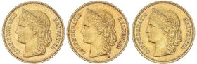 WORLD COINS: SWITZERLAND
Lote 3 monedas 20 Francos. 1889-B, 1895-B y 1896-B. BERNA. AU. A EXAMINAR. Fr-495; KM-31.3. MBC+ a EBC.