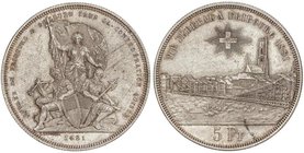 WORLD COINS: SWITZERLAND
5 Francos. 1881. FESTIVAL DE TIRO: FRIBURGO. 24,97 grs. AR. (Leves rayitas de limpieza). Restos de brillo original. KM-S15. ...