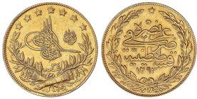 WORLD COINS: TURKEY
100 Kurush. 1293 dH/34. ABDUL HAMID II (1876-1909 d.C.). 7,21 grs. AU. (Rayita en reverso). Fr-143; KM-730. EBC.