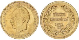 WORLD COINS: TURKEY
100 Kurush. 1923/23. 7,21 grs. AU. Ismet Inonu. Fr-215; KM-854. EBC.