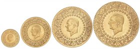 WORLD COINS: TURKEY
Serie 4 monedas 25, 100, 250 y 500 Kurush. 1970. 1,76+7,01+17,54+35,12 = 61,43 grs. AU. Kemal Atatürk. Moneda de Lujo. Fr-208/210...