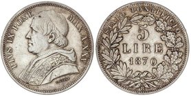 WORLD COINS: VATICAN CITY
5 Liras. 1870-R. PIO IX. ROMA. 24,73 grs. AR. Año XXV. (Leves rayitas). KM-1385. EBC-/EBC.