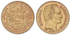 WORLD COINS: VENEZUELA
20 Bolívares. 1905. PARÍS. 6,45 grs. AU. Simón Bolívar. Fr-5c; Y-32. EBC.