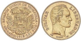 WORLD COINS: VENEZUELA
20 Bolívares. 1912. PARÍS. 6,45 grs. AU. Simón Bolívar. Fr-5c; Y-32. EBC.