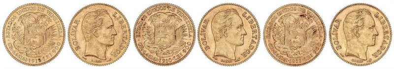 WORLD COINS: VENEZUELA
Lote 3 monedas 20 Bolívares. 1910, 1911 y 1912. PARÍS. A...