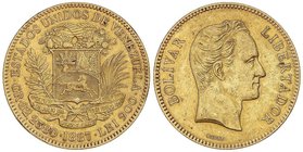 WORLD COINS: VENEZUELA
100 Bolívares. 1887. 32,18 grs. AU. Simón Bolívar. (Pequeños golpecitos). Fr-2; Y-34. MBC+.