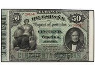 SPANISH BANK NOTES: BANCO DE ESPAÑA
50 Pesetas. 1 Enero 1884. Mendizábal. (Margenes algo recortados, muy leve reparación en margen inferior). ESCASO....