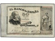 SPANISH BANK NOTES: BANCO DE ESPAÑA
50 Pesetas. 24 Julio 1893. Jovellanos. (Restaurado). MUY ESCASO. Ed-301. (MBC+).