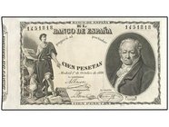SPANISH BANK NOTES: BANCO DE ESPAÑA
100 Pesetas. 1 Octubre 1886. Goya. (Leves reparaciones). MUY ESCASO. Ed-294. EBC-.