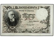 SPANISH BANK NOTES: BANCO DE ESPAÑA
50 Pesetas. 19 Marzo 1905. Echegaray. (Leves reparaciones). MUY ESCASO. Ed-312. (EBC-).
