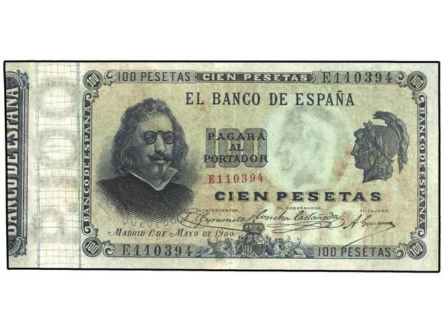 SPANISH BANK NOTES: BANCO DE ESPAÑA
100 Pesetas. 1 Mayo 1900. Quevedo. Serie E....