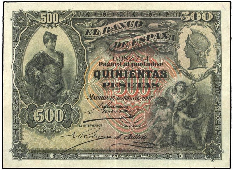 SPANISH BANK NOTES: BANCO DE ESPAÑA
500 Pesetas. 15 Julio 1907. Alcázar de Sego...