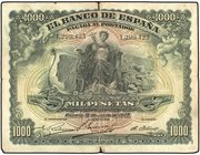 SPANISH BANK NOTES: BANCO DE ESPAÑA
1.000 Pesetas. 15 Julio 1907. Palacio Real de Madrid. (Roturas). ESCASO. Ed-322. MBC-.