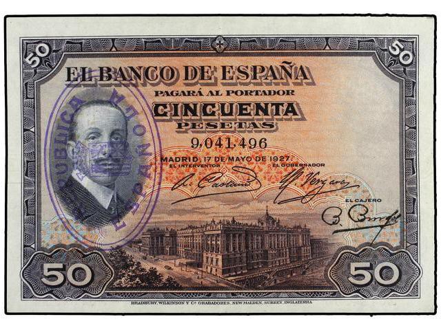 SPANISH BANK NOTES: BANCO DE ESPAÑA
50 Pesetas. 17 Mayo 1927. Alfonso III. Sell...