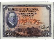 SPANISH BANK NOTES: BANCO DE ESPAÑA
50 Pesetas. 17 Mayo 1927. Alfonso III. Sello tampón REPÚBLICA ESPAÑOLA. Ed-332. EBC.