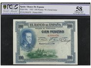 SPANISH BANK NOTES: BANCO DE ESPAÑA
100 Pesetas. 1 Julio 1925. Felipe II. Sin Serie. Precintado y garantizado por PCGS (Nº 703716.58/37474140) como C...