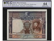 SPANISH BANK NOTES: CIVIL WAR, REPUBLICAN ZONE
1.000 Pesetas. 1 Julio 1925. Carlos I. Precintado y garantizado por PCGS (nº 619823.64/36775022) como ...