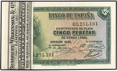 SPANISH BANK NOTES: CIVIL WAR, REPUBLICAN ZONE
Lote 100 billetes 5 Pesetas. 1935. Certificado de Plata. Serie G. (Levísima manchita del tiempo en mar...