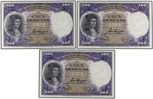 SPANISH BANK NOTES: CIVIL WAR, REPUBLICAN ZONE
Lote 3 billetes 100 Pesetas. 25 Abril 1931. Fernández de Córdoba. Trío correlativo. Ed-360. SC.
