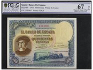SPANISH BANK NOTES: CIVIL WAR, REPUBLICAN ZONE
500 Pesetas. 7 Enero 1935. Hernán Cortés. Precintado y garantizado por PCGS (nº 699777.67/37233755) co...