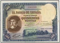 SPANISH BANK NOTES: CIVIL WAR, REPUBLICAN ZONE
500 Pesetas. 7 Enero 1935. Hernán Cortés. (Leve perforación en esquina superior derecha y mancha del t...