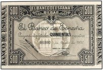 SPANISH BANK NOTES: CIVIL WAR, REPUBLICAN ZONE
500 Pesetas. 1 Enero 1937. EL BANCO DE ESPAÑA. BILBAO. Antefirma Banco de Comercio. Sin matrices. Ed-N...