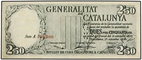 SPANISH BANK NOTES
2,50 Pesetas. 25 Setembre 1936. GENERALITAT DE CATALUNYA. Numeración en rojo. (Pequeñas arruguitas). RARÍSIMO EN ESTA CALIDAD. Ed-...
