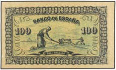 SPANISH BANK NOTES
Prueba de Reverso 100 Pesetas. 01/09/1937. EL BANCO DE ESPAÑA. GIJÓN. Ni Edifil ni Filabo catalogan pruebas para este billete. Ed-...