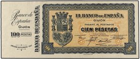 SPANISH BANK NOTES: CIVIL WAR, REPUBLICAN ZONE
100 Pesetas. Septiembre 1937. EL BANCO DE ESPAÑA. GIJÓN. Sin numeración y con matriz. Ed-399a. SC.