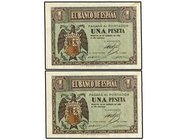 SPANISH BANK NOTES: ESTADO ESPAÑOL
Lote 4 billetes 1 Peseta. 28 Febrero 1938. Serie D y E. Parejas correlativas. Ed-427a. SC- y SC.