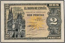 SPANISH BANK NOTES: ESTADO ESPAÑOL
2 Pesetas. 12 Octubre 1937. Catedral de Burgos. Serie A. Ed-426. SC.