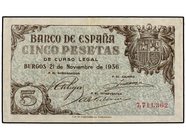 SPANISH BANK NOTES: ESTADO ESPAÑOL
5 Pesetas. 21 Noviembre 1936. Ed-417. MBC+.