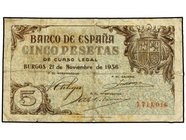 SPANISH BANK NOTES
5 Pesetas. 21 Noviembre 1936. (Reparaciones y manchitas). Ed-417. MBC-.