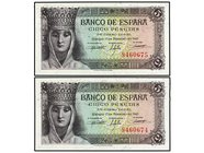 SPANISH BANK NOTES: ESTADO ESPAÑOL
Lote 2 billetes 5 Pesetas. 13 Febrero 1943. Isabel ´La Católica´. Sin Serie. Pareja correlativa. RAROS ASÍ. Ed-446...