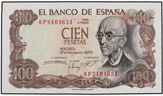 SPANISH BANK NOTES: ESTADO ESPAÑOL
100 Pesetas. 17 Noviembre 1970. Falla. Serie 6P. ERROR: Diferente numeración en el mismo billete. Ed-472c. SC-.