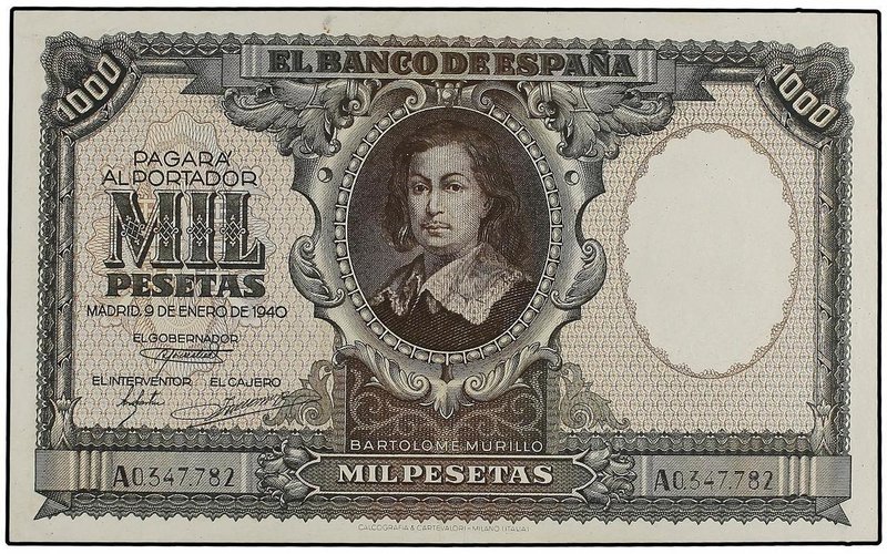 SPANISH BANK NOTES: ESTADO ESPAÑOL
1.000 Pesetas. 9 Enero 1940. Murillo. (Leves...
