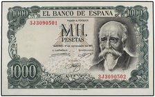 SPANISH BANK NOTES: ESTADO ESPAÑOL
1.000 Pesetas. 17 Septiembre 1971. Echegaray. Serie 3J. ERROR: Diferente numeración correlativa en el mismo billet...