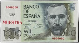 SPANISH BANK NOTES: JUAN CARLOS I
Muestra 1.000 Pesetas. 23 Octubre 1979. Pérez Galdós. Numeración 0 000 000. MUESTRA estampillado en rojo. Número de...