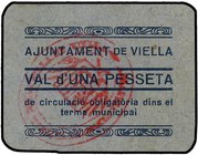 PAPER MONEY OF THE CIVIL WAR: CATALUNYA
1 Pesseta. Aj. De VIELLA. Cartón azul. MUY RARO. AT-2752. EBC-.