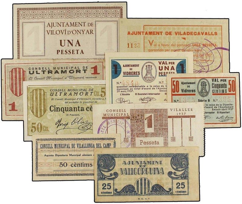PAPER MONEY OF THE CIVIL WAR: CATALUNYA
Lote 9 billetes. ULTRAMORT (2), VALLGOR...
