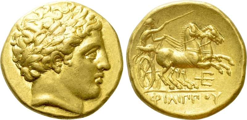 KINGS OF MACEDON. Philip II (359-336 BC). GOLD Stater. Amphipolis.

Obv: Laure...