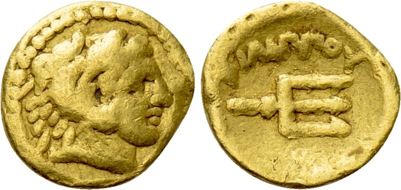 KINGS OF MACEDON. Philip II (359-336 BC). GOLD 1/8 Stater. Pella. 

Obv: Head ...