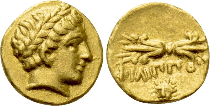 KINGS OF MACEDON. Philip II (359-336 BC). GOLD 1/12 Stater. Pella.

Obv: Laure...