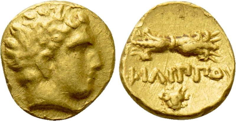 KINGS OF MACEDON. Philip II (359-336 BC). GOLD 1/12 Stater. Pella. 

Obv: Laur...