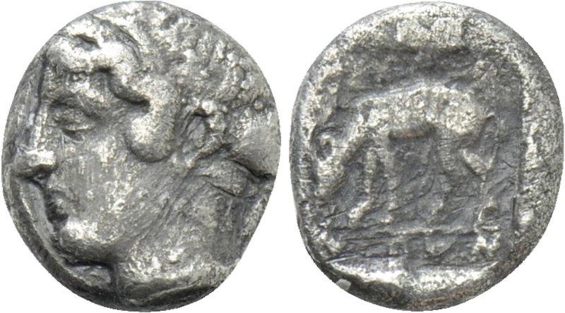 AEOLIS. Myrina. Diobol (4th century BC). 

Obv: Head of Nymph left.
Rev: MYPI...