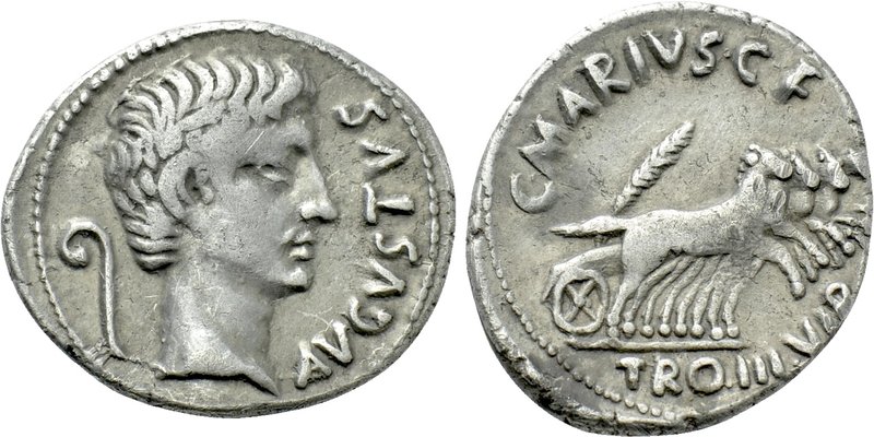 AUGUSTUS (27 BC-14 AD). Denarius. Rome. C. Marius C.f. Tro(mentina tribu), money...